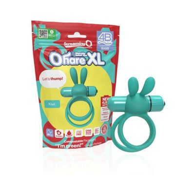 Teal 4B Ohare XL vibrating ring with dual rings and rabbit ear design next to its colorful eco-friendly packaging.