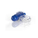 Clear stretchy vibrating cock ring with attached blue textured bullet vibrator on white background.