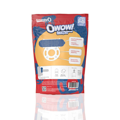 Packaging of Screaming O 4B OWow vibrating cockring with product features and usage instructions on a red and blue background.