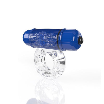 Clear stretchy vibrating cock ring with a textured blue bullet vibrator attachment on top.