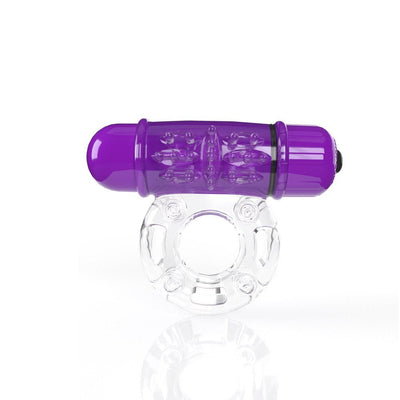 Clear stretchy vibrating cock ring with a textured purple bullet vibrator for enhanced pleasure and comfort.