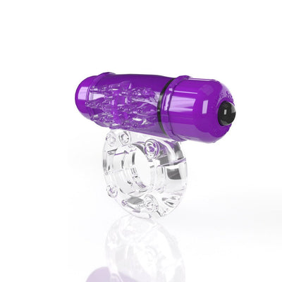 Clear stretchy vibrating cock ring with a detachable purple bullet vibrator and textured pleasure ticklers.