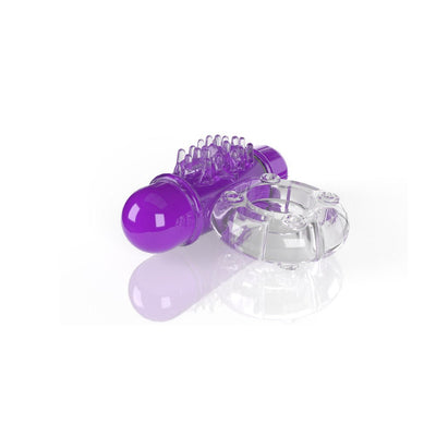 Clear stretchy vibrating cockring with a detachable purple bullet featuring textured pleasure ticklers.