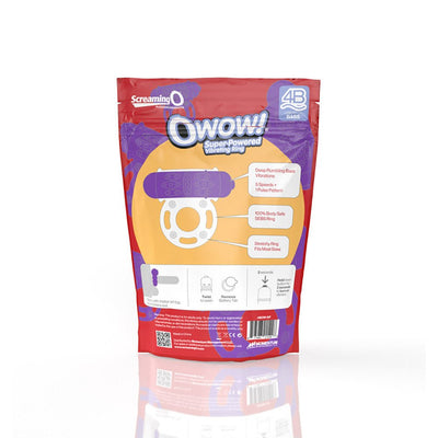 Packaging of Screaming O 4b Owow Vibrating Cockring showing product features and usage instructions on a red and purple bag.