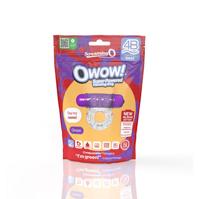Packaging of Screaming O 4B OWow vibrating cockring in grape color with eco-friendly compostable design.