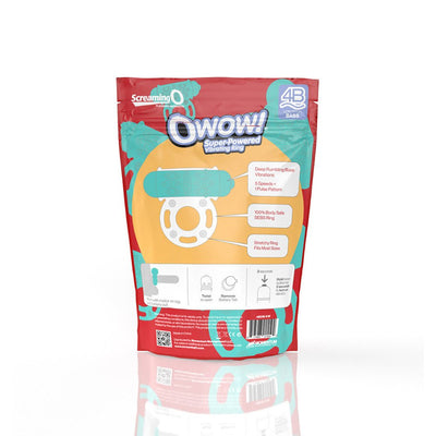 Packaging of Screaming O 4B OWow vibrating cockring with product features and usage instructions on a colorful red and teal bag.