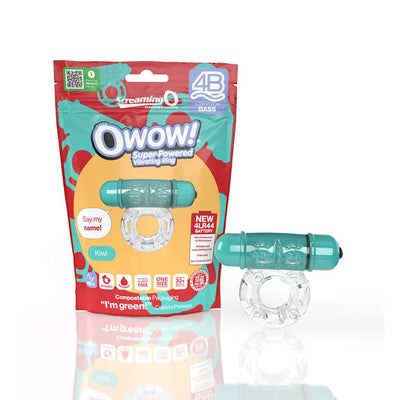 Screaming O 4b Owow vibrating clear ring with teal bullet vibrator and eco-friendly packaging in Kiwi color.