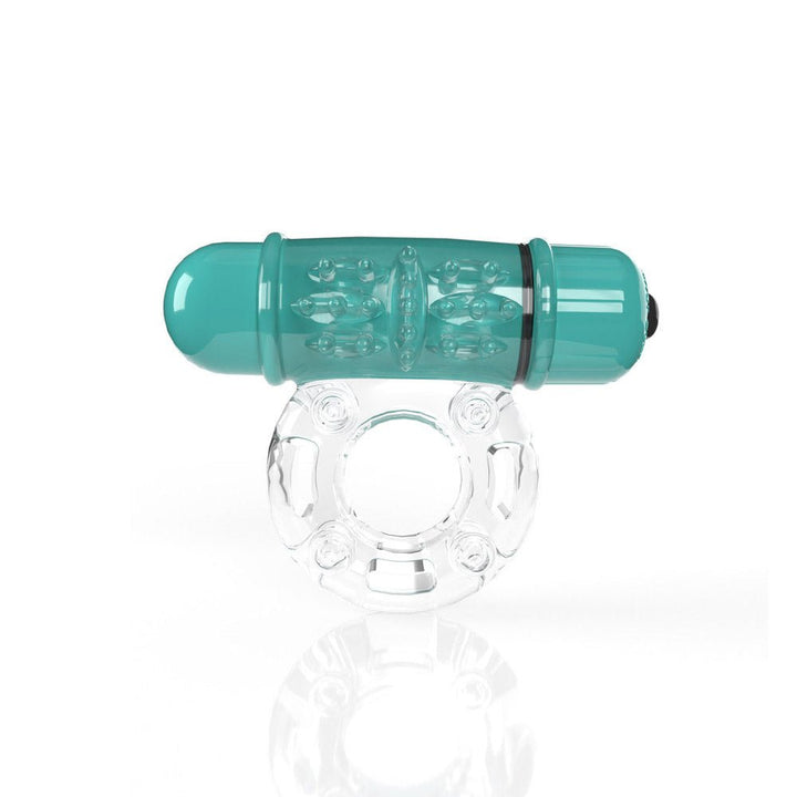 Clear stretchy vibrating cock ring with textured teal bullet vibrator on top, designed for enhanced pleasure.
