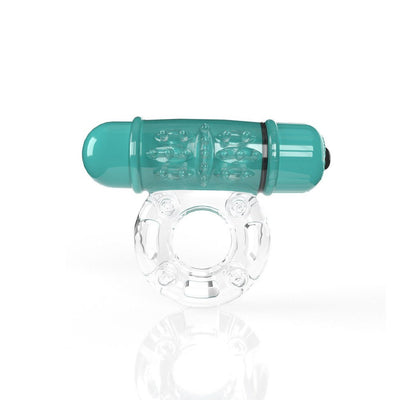 Clear stretchy vibrating cock ring with textured teal bullet vibrator on top, designed for enhanced pleasure.