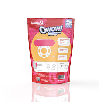 Packaging of Screaming O 4B OWow vibrating cockring with product features and usage instructions on a red and orange background.