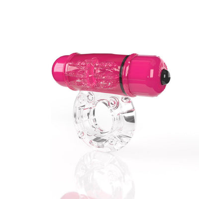 Clear stretchy vibrating cock ring with a bright pink bullet vibrator and textured sleeve for enhanced sensations.