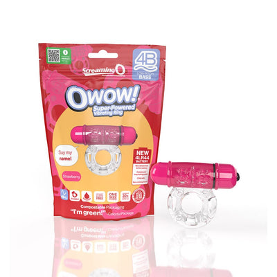 Screaming O 4b Owow vibrating clear ring with pink bullet vibrator and eco-friendly red packaging.