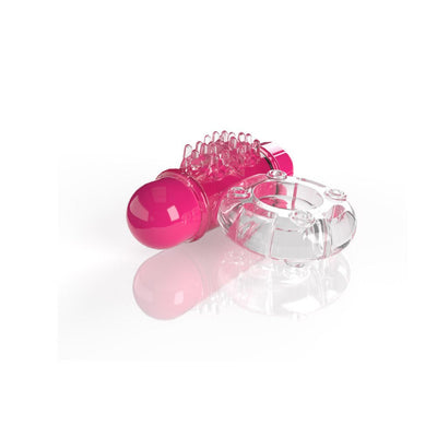 Clear stretchy vibrating cock ring with attached pink textured bullet for enhanced sensations.