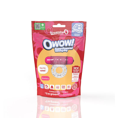 Screaming O Owow vibrating cockring in strawberry color with clear stretchy ring and eco-friendly packaging.