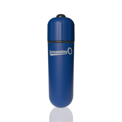 Compact blue Screaming O 4T bullet vibrator with smooth finish and logo on white background.