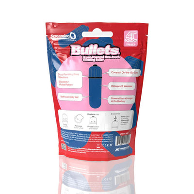 Packaging of Screaming O 4t Bullet Vibrator highlighting features like deep bass vibrations, waterproof design, and compact size.