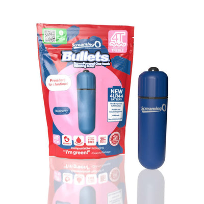 Blue Screaming O 4T Bullet Vibrator with eco-friendly packaging highlighting new 4LR44 battery and reusable, waterproof features.