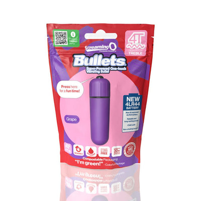 Purple Screaming O 4T Bullet Vibrator in eco-friendly compostable packaging with battery and waterproof icons.