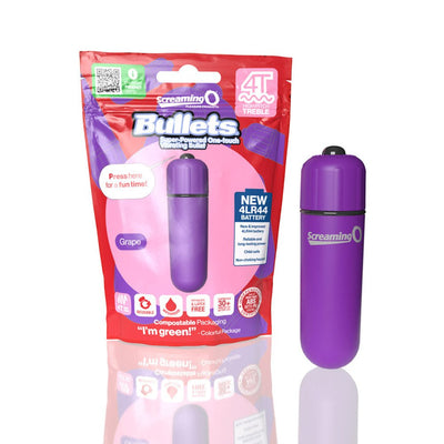 Purple Screaming O 4T Bullet Vibrator with eco-friendly packaging highlighting new 4LR44 battery and reusable, waterproof design.