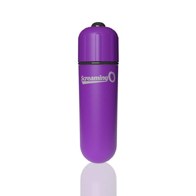 Compact purple Screaming O 4t Bullet Vibrator with smooth finish and black power button on top