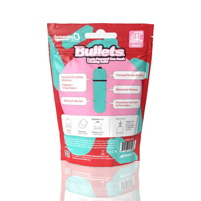 Back packaging of Screaming O 4t Bullet Vibrator showing product features and usage instructions on a red and pink background.