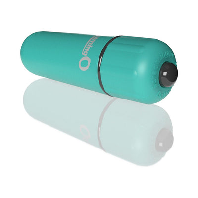 Compact turquoise Screaming O 4t Bullet Vibrator with smooth finish and black power button on reflective surface.