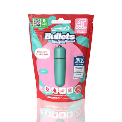 Screaming O 4T Bullet Vibrator in kiwi color packaged in eco-friendly, compostable red and pink pouch with product details.
