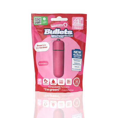 Pink Screaming O 4T Bullet Vibrator in eco-friendly compostable packaging with battery and waterproof icons visible.