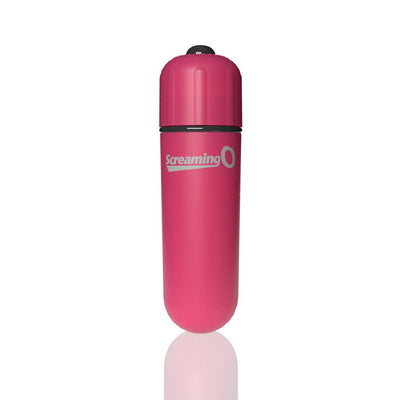 Compact pink Screaming O 4t Bullet Vibrator with smooth finish and black power button on top.