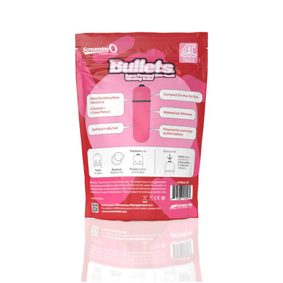 Back packaging of Screaming O 4t Bullet Vibrator highlighting features like 5 speeds, waterproof, compact size, and battery info.