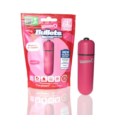 Pink Screaming O 4T Bullet Vibrator with eco-friendly compostable packaging shown side by side.