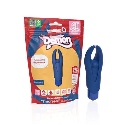 Blueberry-colored Screaming O 4T Demon mini vibrator with flexible horns next to its eco-friendly red and yellow packaging.