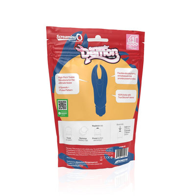 Back view of Screaming O 4T Demon mini vibe packaging highlighting features and usage instructions.