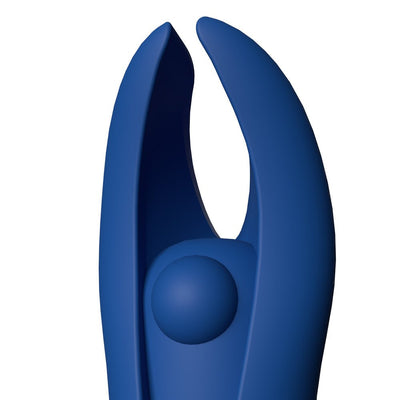 Close-up of the Screaming O 4T Demon mini vibrator in blue with flexible horns and a central pleasure bead.
