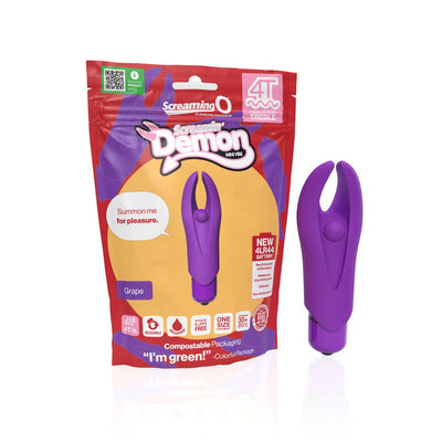 Purple Screaming O 4T Demon mini vibrator with flexible horns shown next to eco-friendly red and yellow packaging.