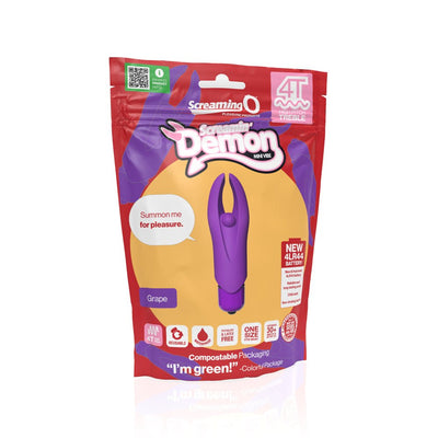Packaging of Screaming O 4T Demon mini vibe in grape color with eco-friendly compostable design and product features highlighted.