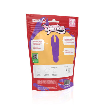 Packaging of Screaming O 4T Demon mini vibrator showing product features and usage instructions on a red and orange background.