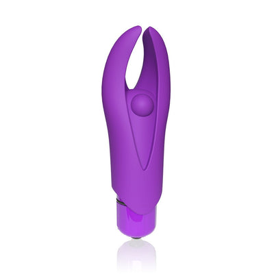 Compact purple silicone mini vibrator with flexible dual tips and a central pleasure bead, designed for targeted stimulation.