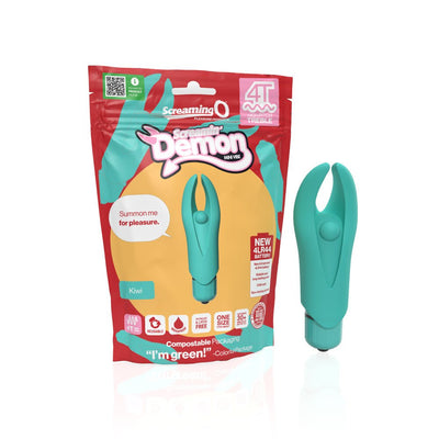Teal Screaming O 4T Demon mini vibrator with flexible horns shown next to eco-friendly red and yellow packaging.