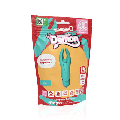 Screaming O 4T Demon mini vibe in kiwi color shown in eco-friendly compostable packaging with product features and branding.