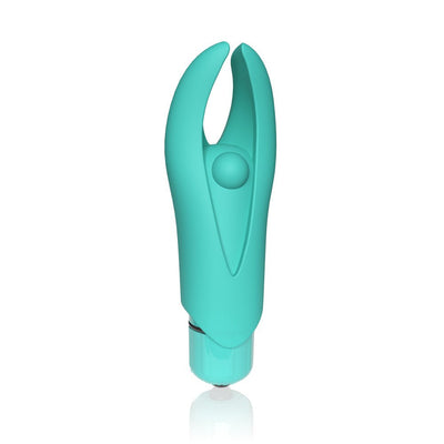 Compact turquoise mini vibrator with flexible dual tips and central pleasure bead, designed for targeted stimulation and waterproof use.