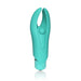 Compact turquoise mini vibrator with flexible dual tips and central pleasure bead, designed for targeted stimulation and waterproof use.