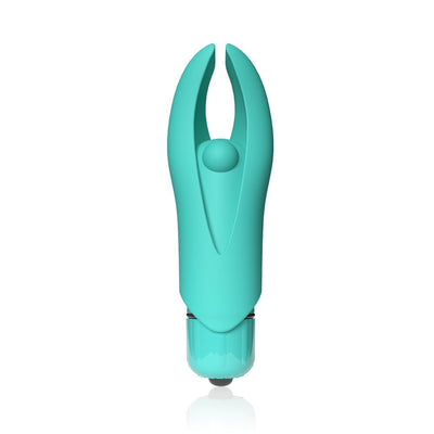 Compact turquoise silicone mini vibrator with flexible split tips and central pleasure bead, designed for targeted stimulation.