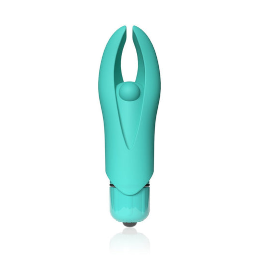Compact turquoise silicone mini vibrator with flexible split tips and central pleasure bead, designed for targeted stimulation.