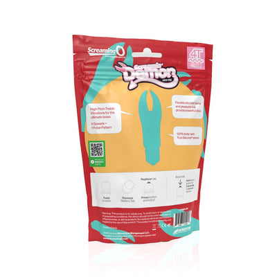 Screaming O 4T Demon mini vibe packaging showing product features, usage instructions, and eco-friendly design details.