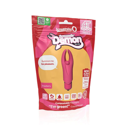 Screaming O 4T Demon mini vibe in strawberry pink with flexible horns shown in eco-friendly compostable packaging.