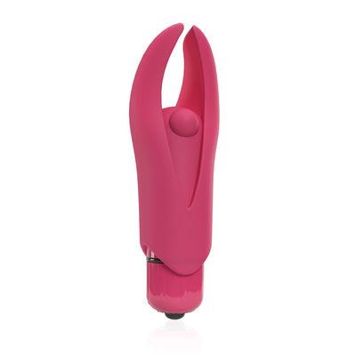 Compact pink silicone mini vibrator with flexible split tips and central pleasure bead, designed for targeted stimulation.