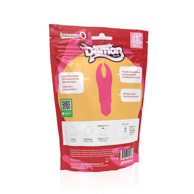 Packaging of Screaming O 4T Demon mini vibe in red and yellow with product features and usage instructions.