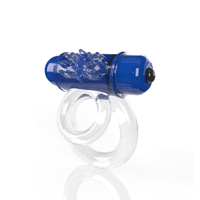 Clear double vibrating ring with textured blue bullet motor and two stretchy loops for a secure fit.