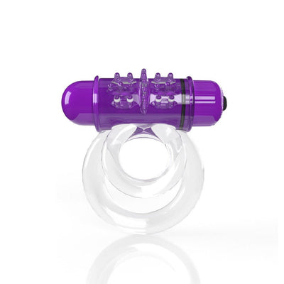 Clear double vibrating ring with a purple motor featuring raised ticklers for enhanced stimulation.